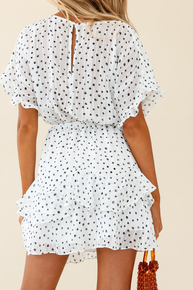 Mollina Frill Sleeve Layered Hem Dress Spot Print White by Selfie Leslie