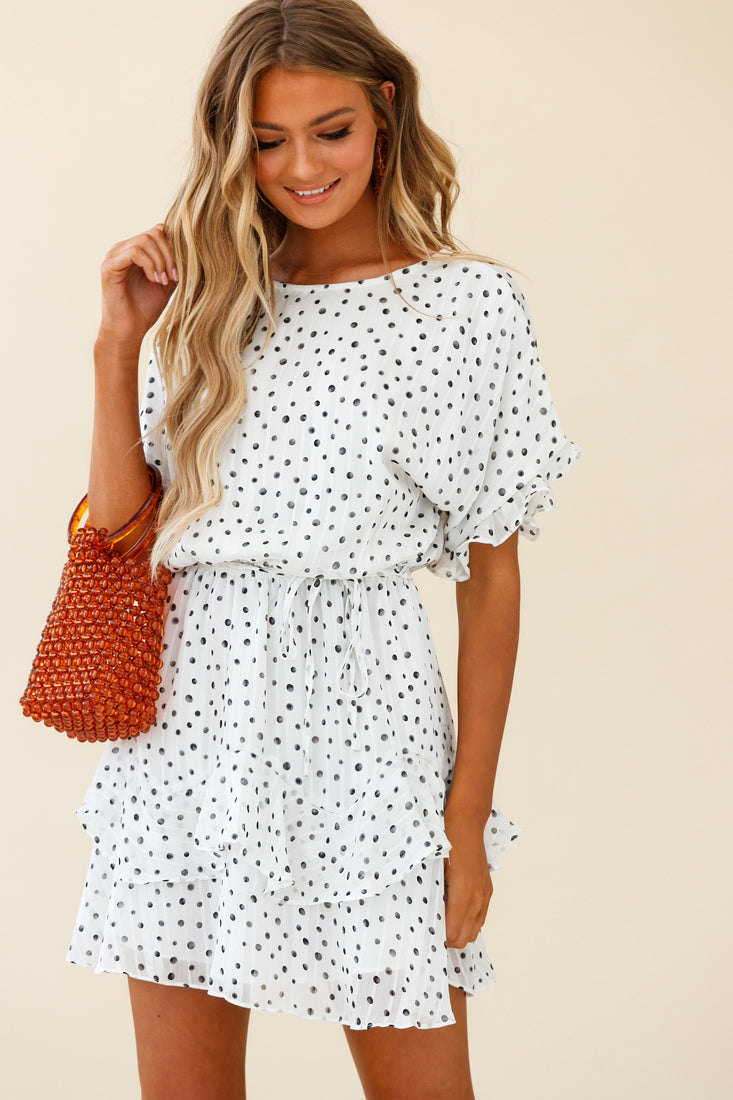 Mollina Frill Sleeve Layered Hem Dress Spot Print White by Selfie Leslie