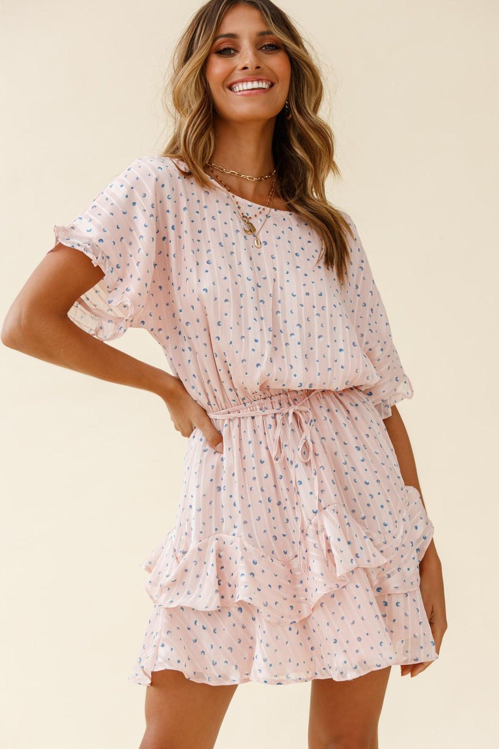 Mollina Frill Sleeve Layered Hem Dress Spot Print Blush by Selfie Leslie