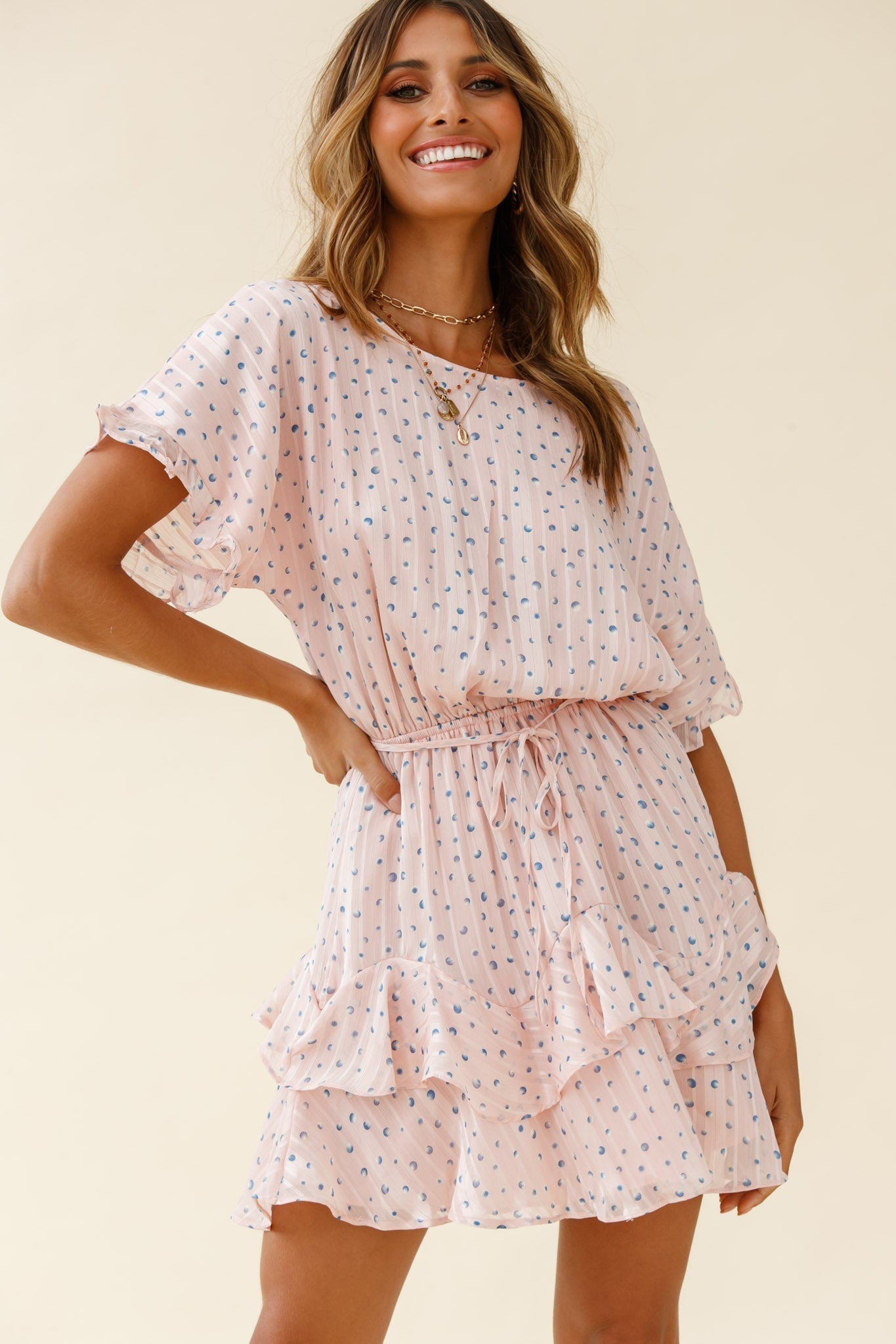 Mollina Frill Sleeve Layered Hem Dress Spot Print Blush by Selfie Leslie