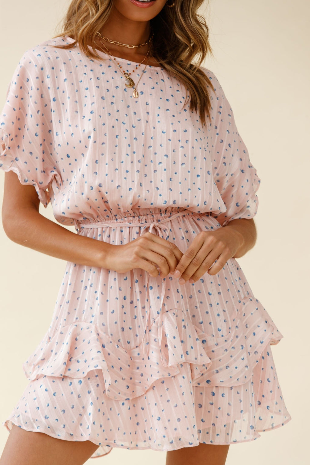 Mollina Frill Sleeve Layered Hem Dress Spot Print Blush by Selfie Leslie