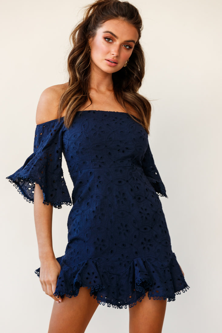 Elissa Off-Shoulder Broderie Anglaise Dress Navy by Selfie Leslie