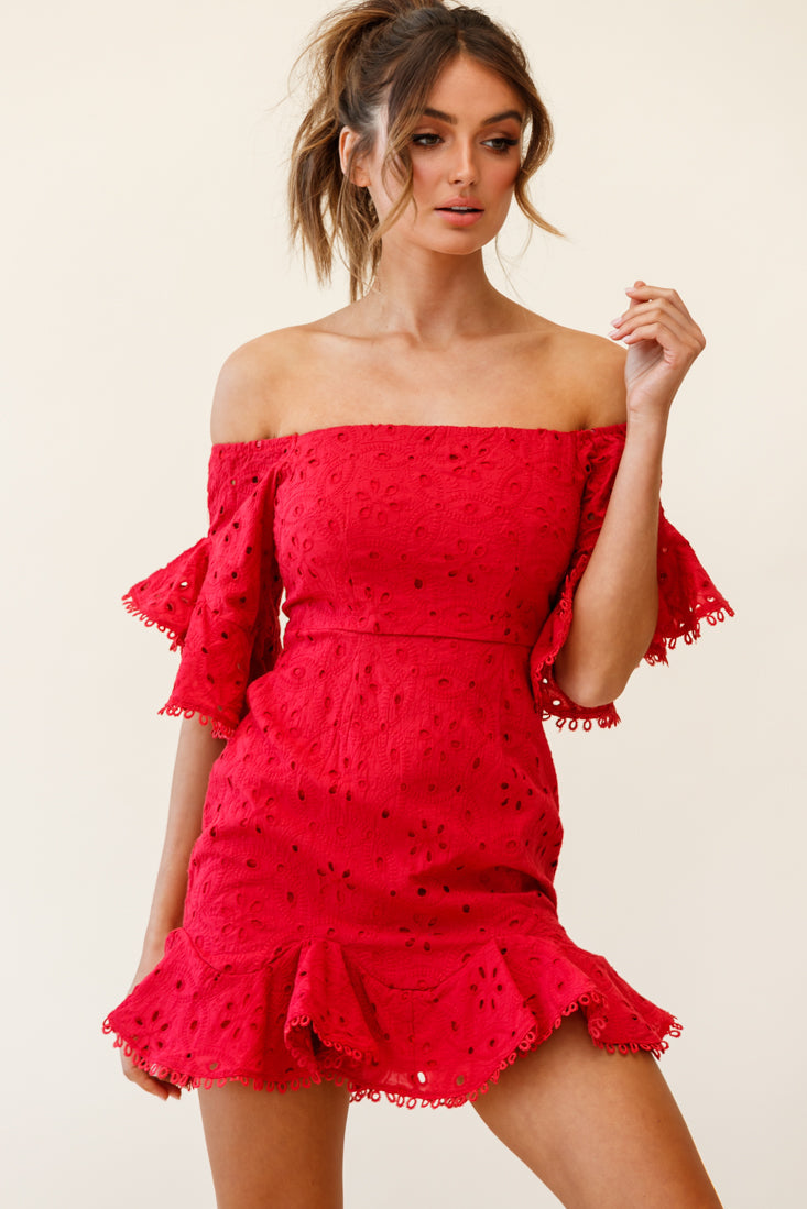 Elissa Off-Shoulder Broderie Anglaise Dress Red by Selfie Leslie