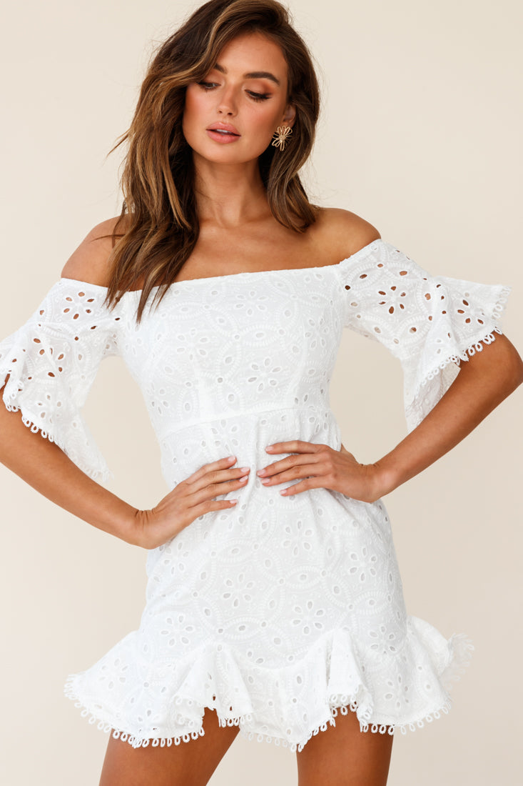 Elissa Off-Shoulder Broderie Anglaise Dress White by Selfie Leslie