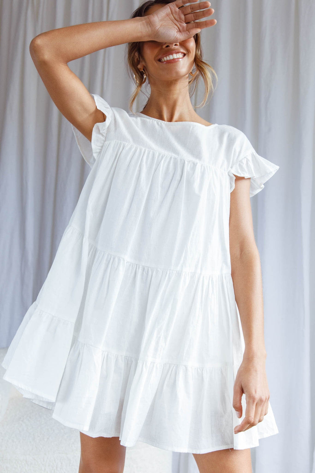 Hyacinth Ruffle Sleeve Smock Dress White by Selfie Leslie