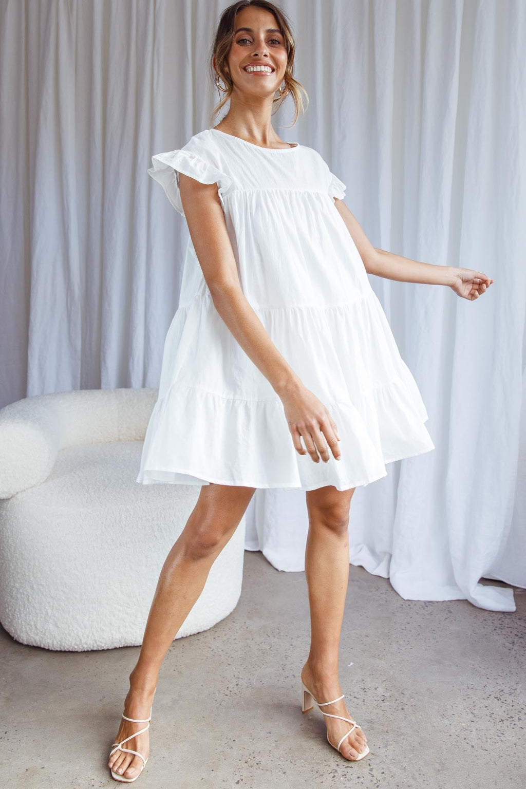 Hyacinth Ruffle Sleeve Smock Dress White by Selfie Leslie