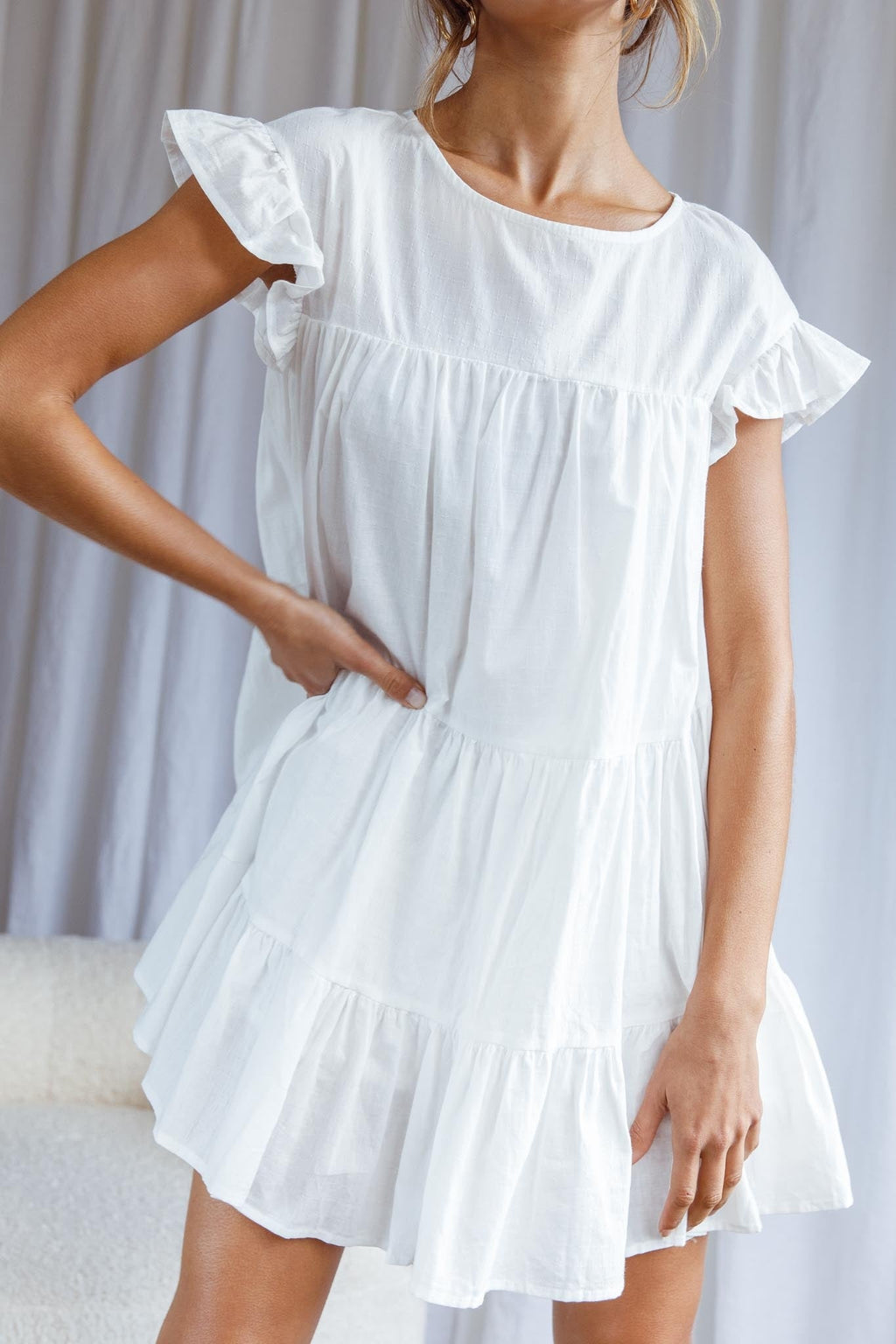 Hyacinth Ruffle Sleeve Smock Dress White by Selfie Leslie