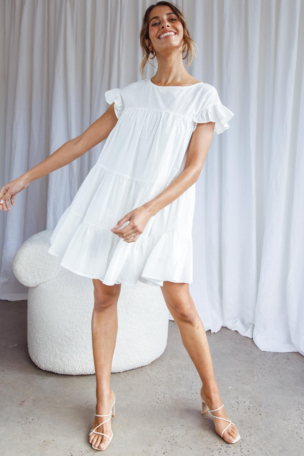 Hyacinth Ruffle Sleeve Smock Dress White by Selfie Leslie