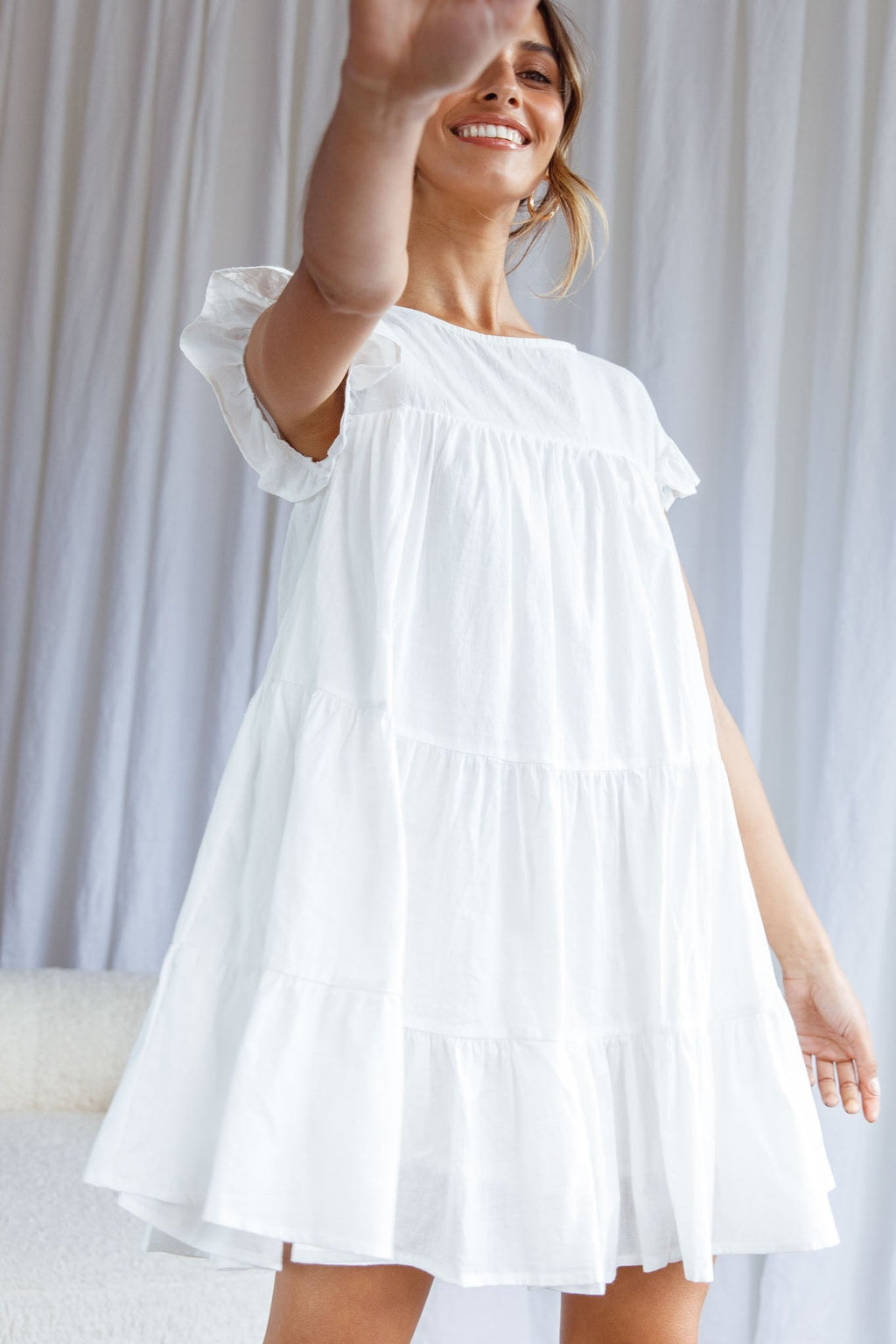 Hyacinth Ruffle Sleeve Smock Dress White by Selfie Leslie