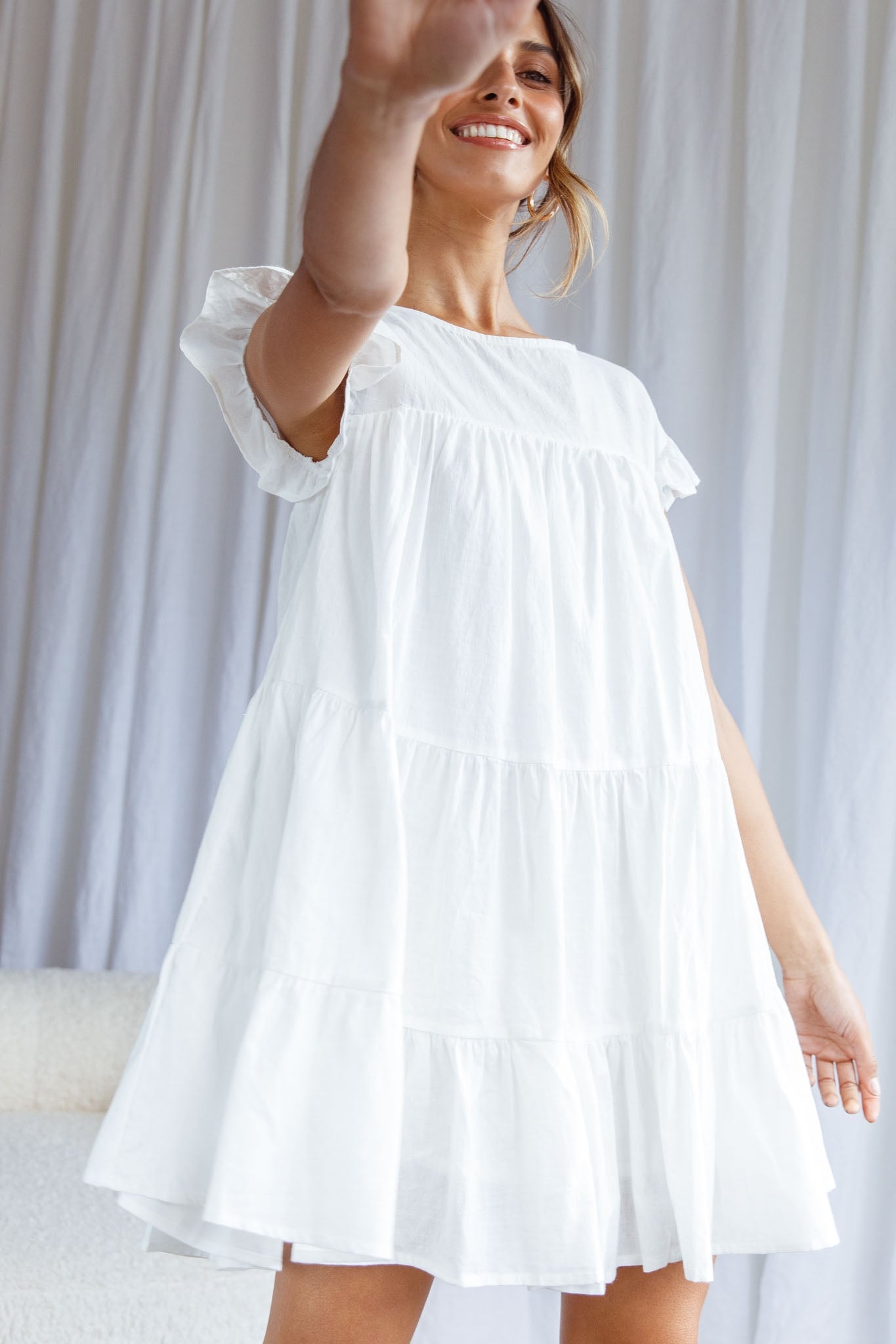 Hyacinth Ruffle Sleeve Smock Dress White by Selfie Leslie
