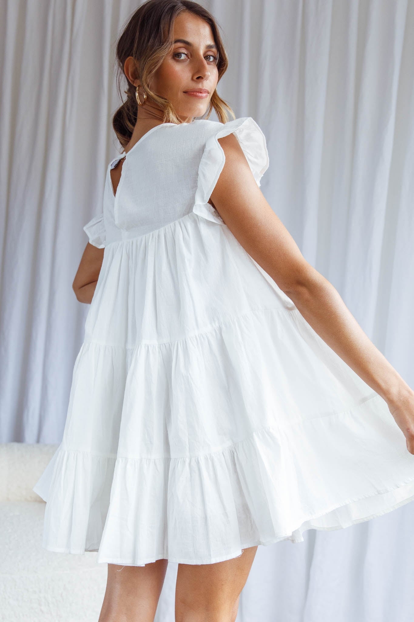 Hyacinth Ruffle Sleeve Smock Dress White by Selfie Leslie
