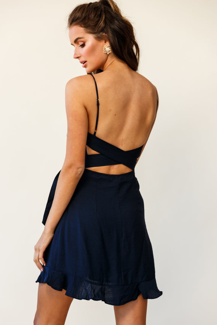 Pepita Cami Strap Wrap Dress Navy by Selfie Leslie