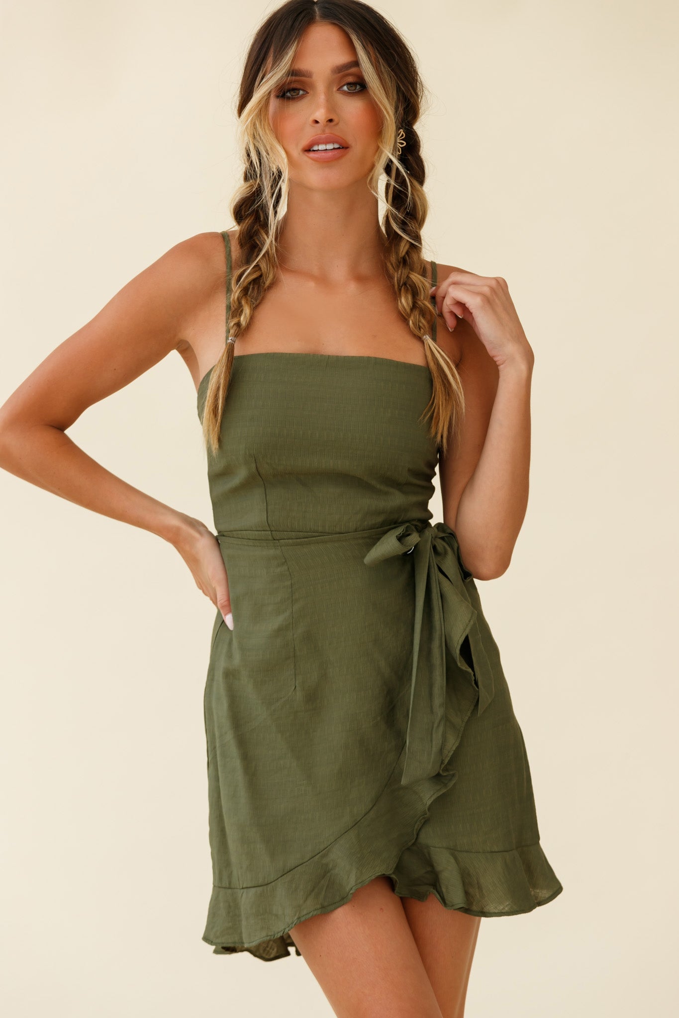 Pepita Cami Strap Wrap Dress Olive by Selfie Leslie