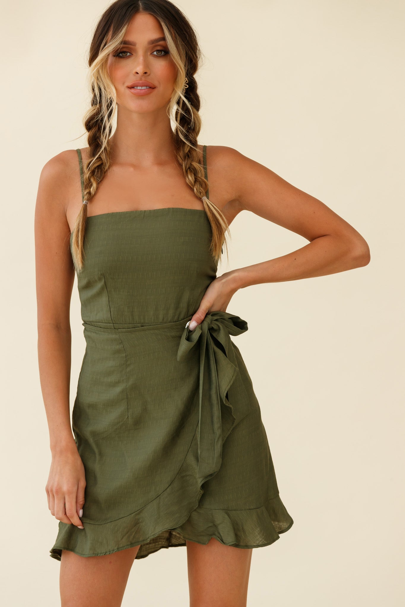 Pepita Cami Strap Wrap Dress Olive by Selfie Leslie