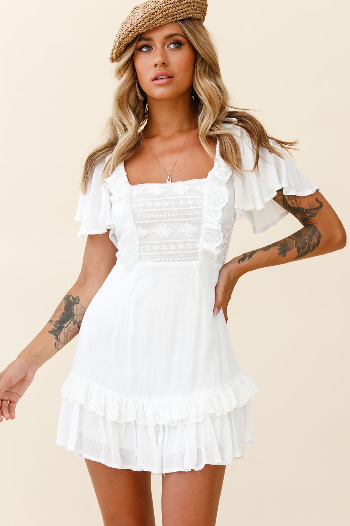 Say You Love Me Embroidery and Frill Detail Dress White by Selfie Leslie
