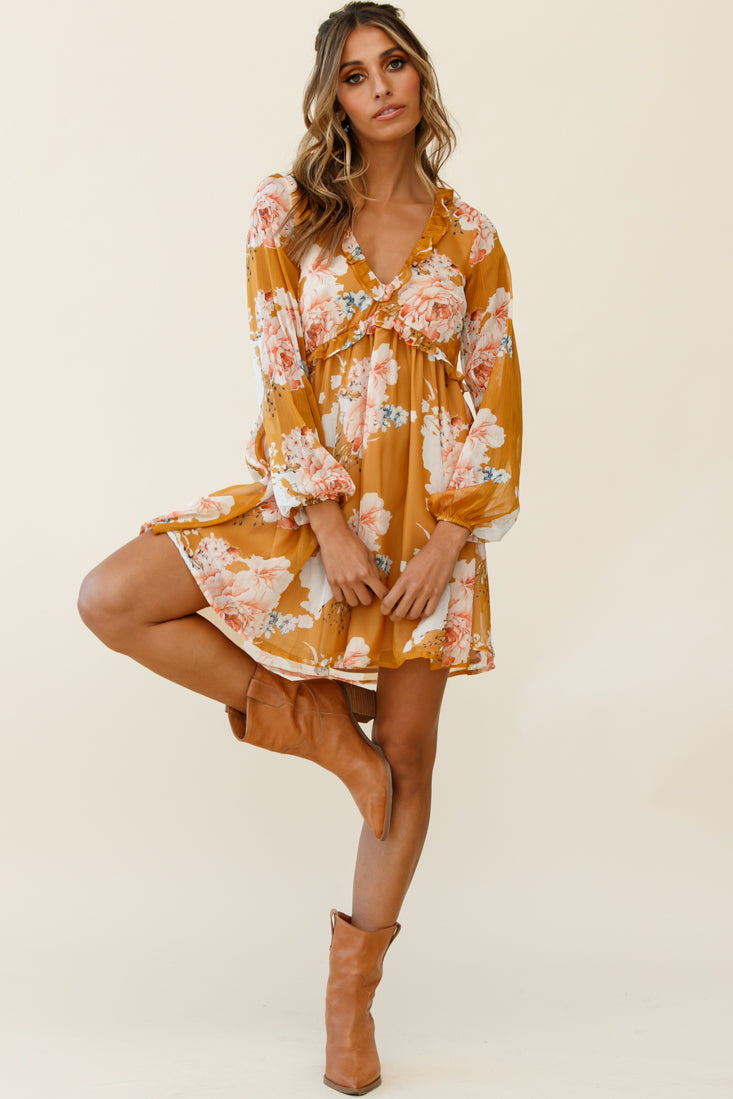Cutie Pie Long Sleeve Babydoll Dress Rose Print Mustard by Selfie Leslie
