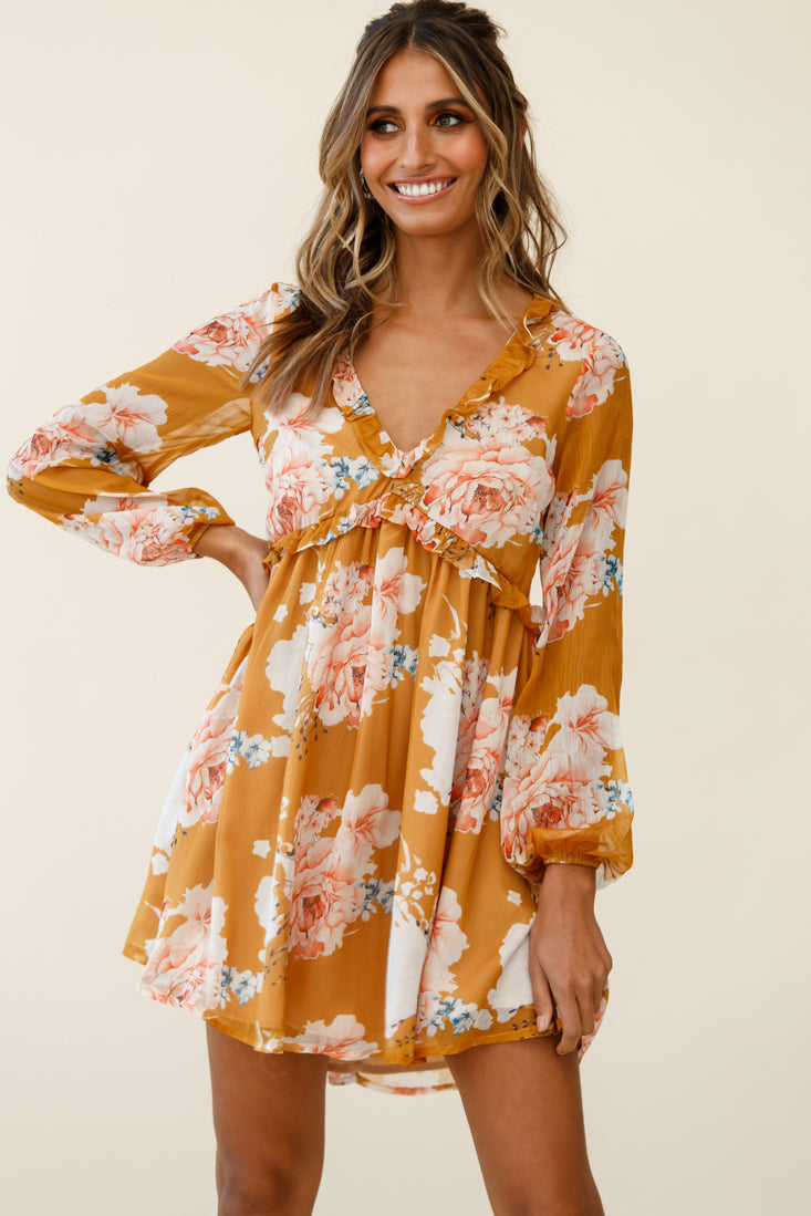 Cutie Pie Long Sleeve Babydoll Dress Rose Print Mustard by Selfie Leslie