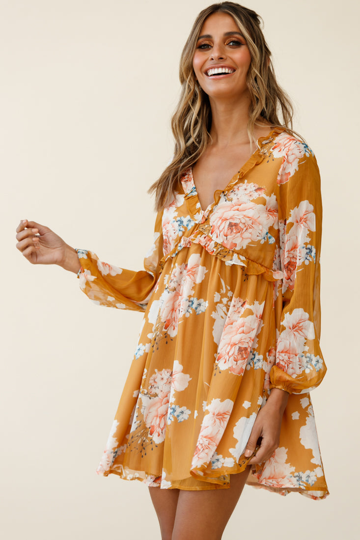 Cutie Pie Long Sleeve Babydoll Dress Rose Print Mustard by Selfie Leslie