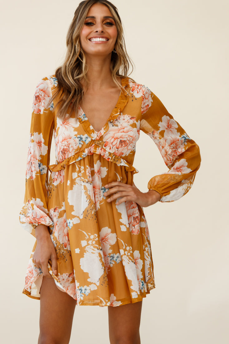 Cutie Pie Long Sleeve Babydoll Dress Rose Print Mustard by Selfie Leslie