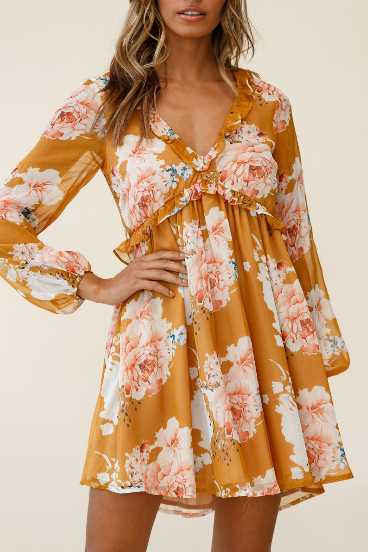 Cutie Pie Long Sleeve Babydoll Dress Rose Print Mustard by Selfie Leslie