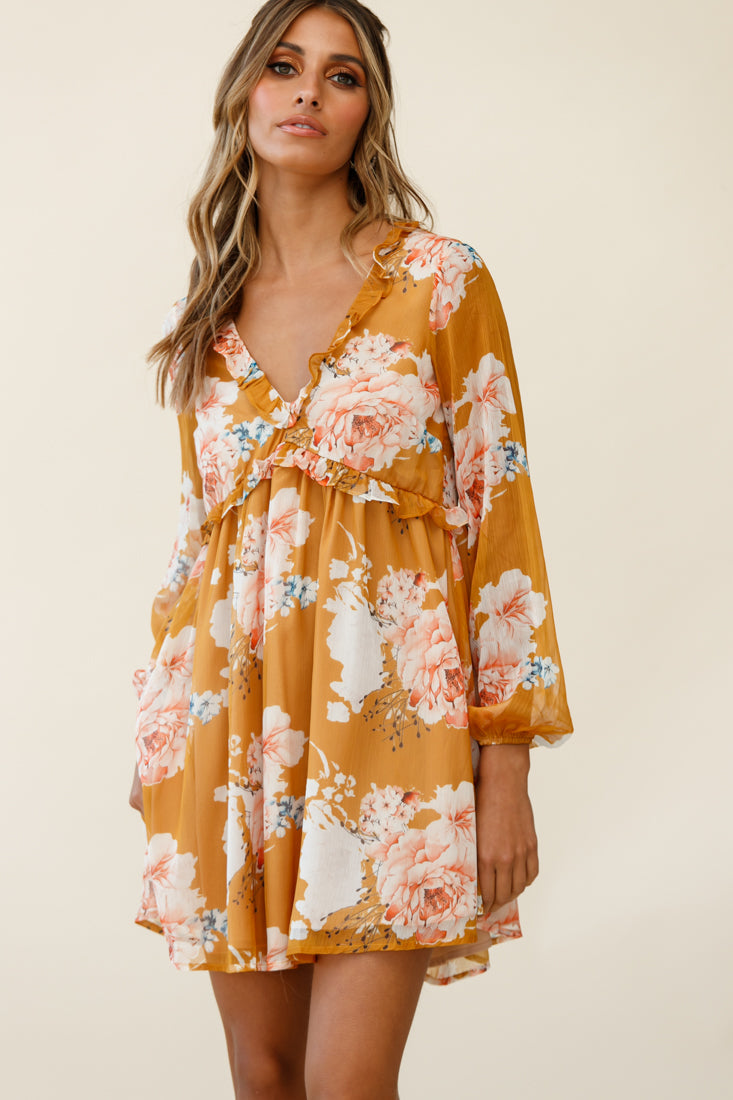 Cutie Pie Long Sleeve Babydoll Dress Rose Print Mustard by Selfie Leslie