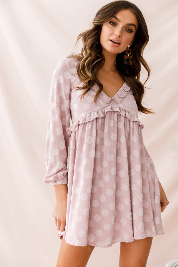 Cutie Pie Long Sleeve Babydoll Dress Mauve by Selfie Leslie