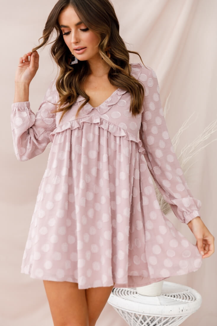 Cutie Pie Long Sleeve Babydoll Dress Mauve by Selfie Leslie