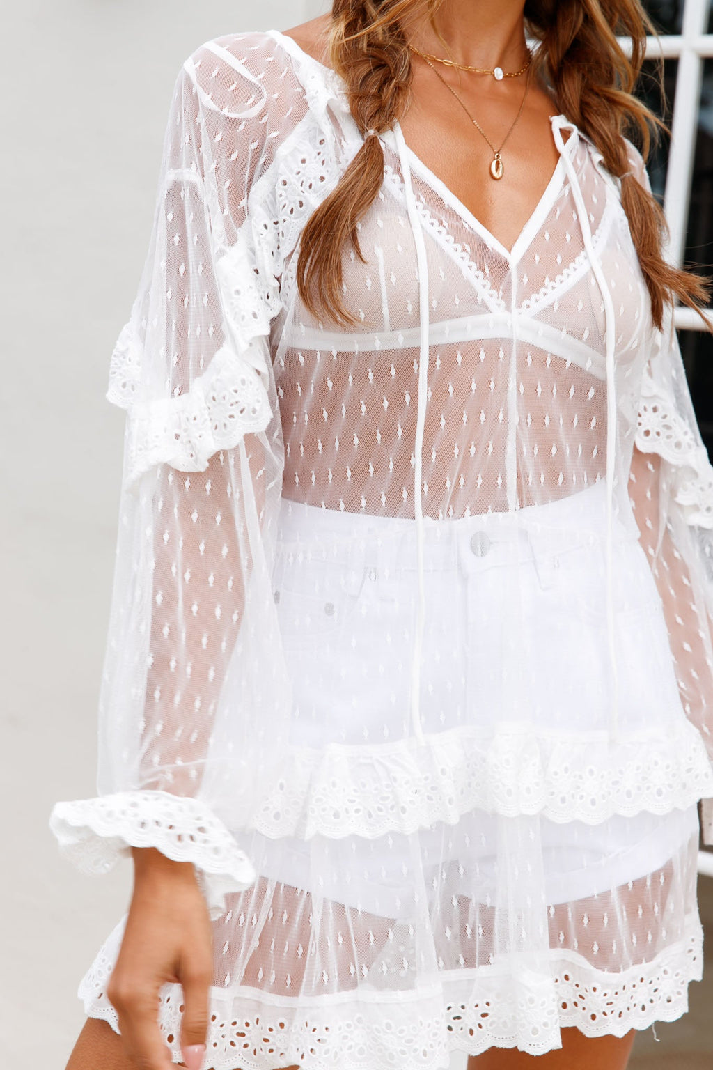 Double Dare Sheer Lace Trim Shift Top White by Selfie Leslie