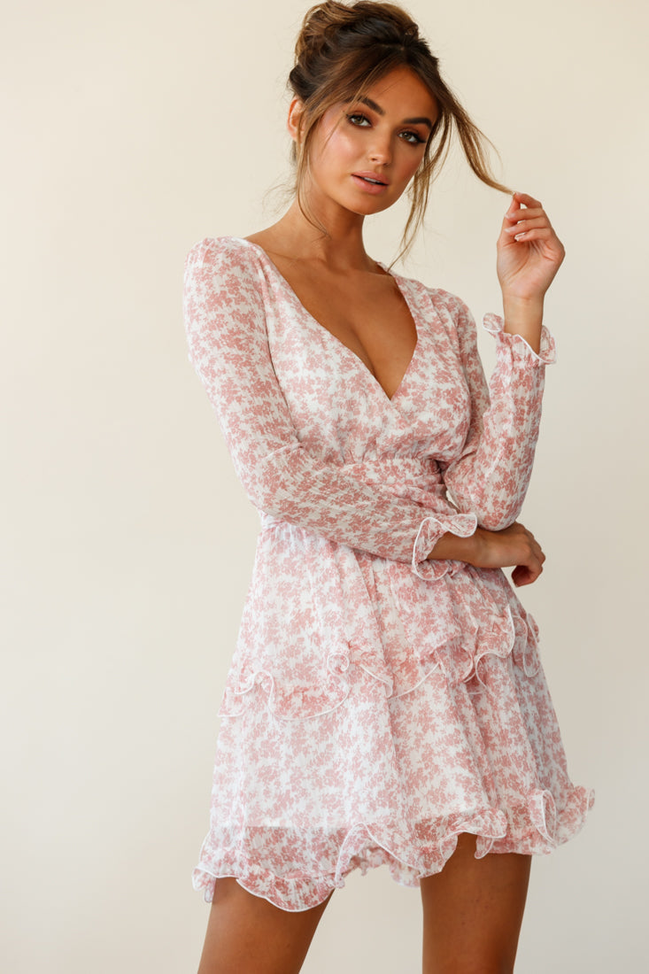 Greta Tiered Ruffle Chiffon Dress Floral Pattern Blush by Selfie Leslie