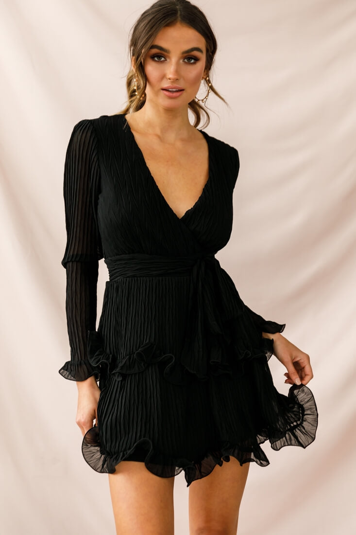 Greta Tiered Ruffle Chiffon Long Sleeve Dress Black by Selfie Leslie