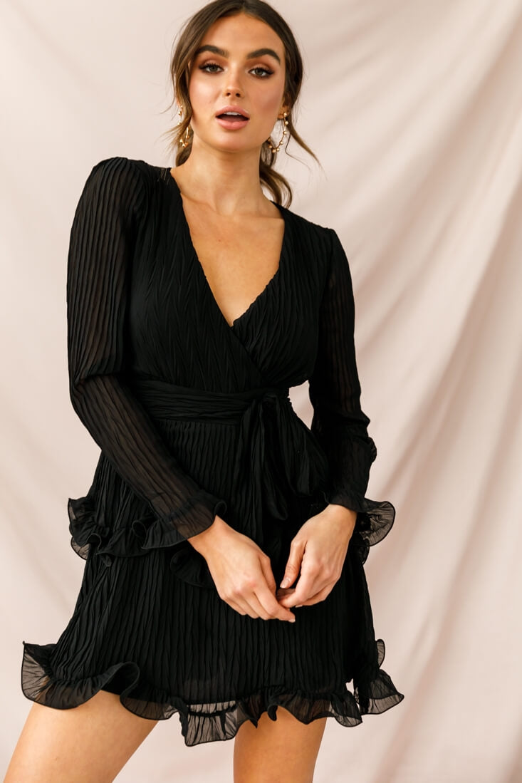Greta Tiered Ruffle Chiffon Long Sleeve Dress Black by Selfie Leslie