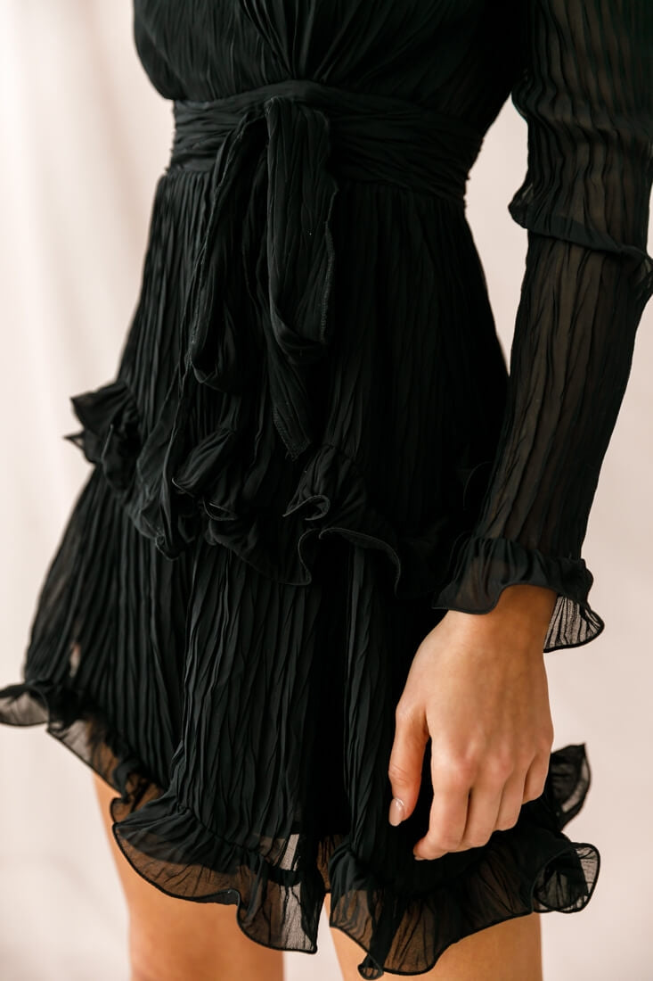 Greta Tiered Ruffle Chiffon Long Sleeve Dress Black by Selfie Leslie