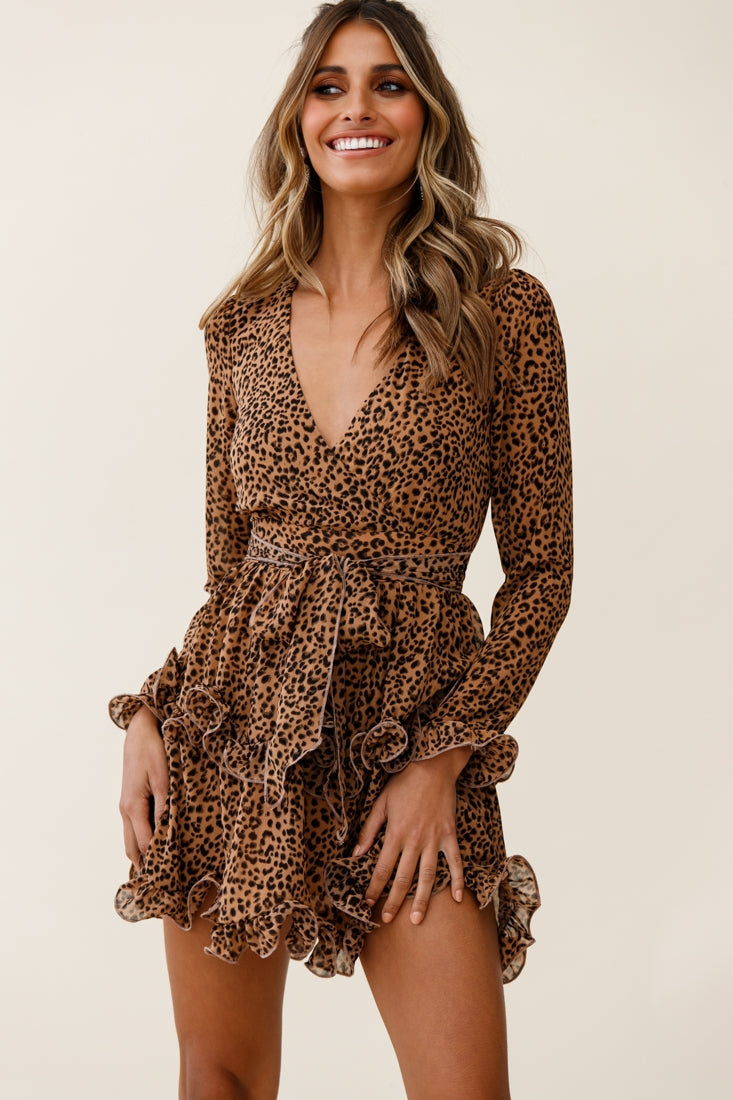 Greta Tiered Ruffle Chiffon Dress Animal Print Brown by Selfie Leslie