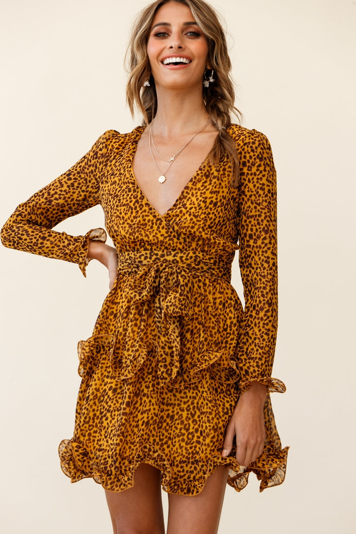 Greta Tiered Ruffle Chiffon Dress Animal Print Mustard by Selfie Leslie