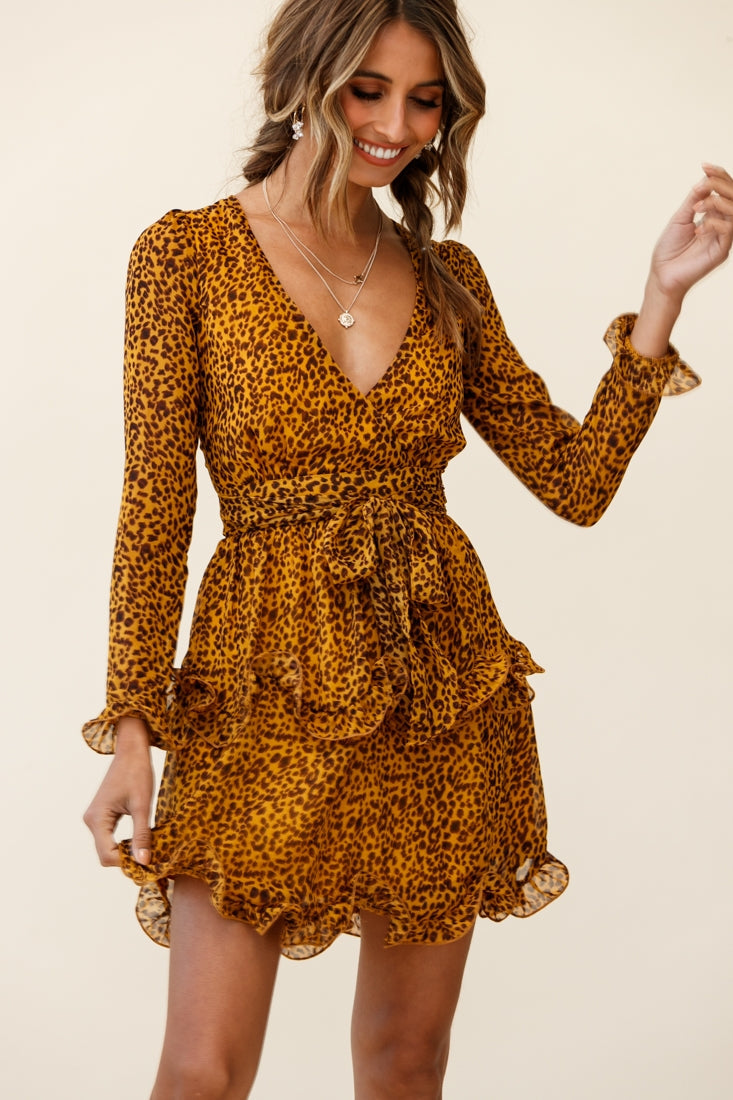 Greta Tiered Ruffle Chiffon Dress Animal Print Mustard by Selfie Leslie