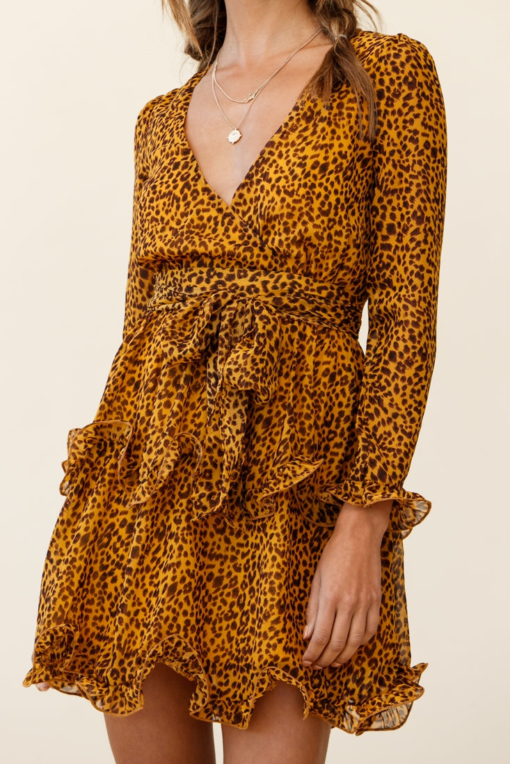 Greta Tiered Ruffle Chiffon Dress Animal Print Mustard by Selfie Leslie