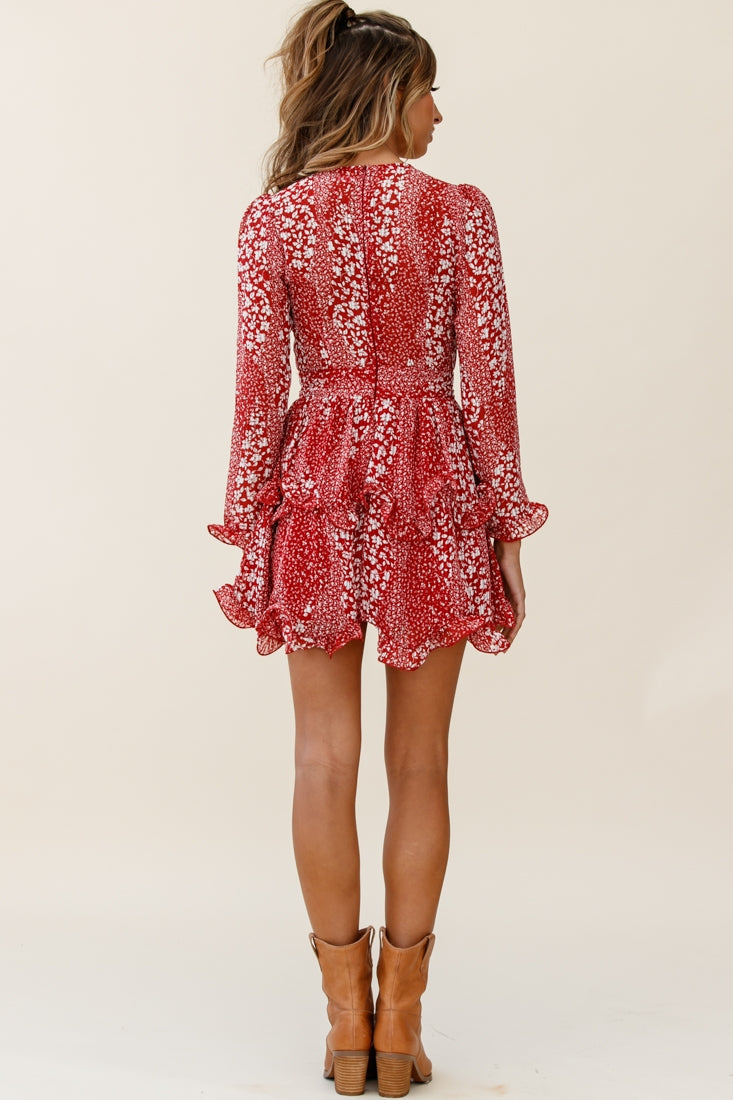 Greta Tiered Ruffle Chiffon Dress Floral Print Red by Selfie Leslie