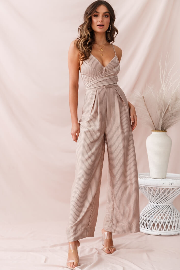Nancy Wide Leg Pinstripe Jumpsuit Mocha by Selfie Leslie