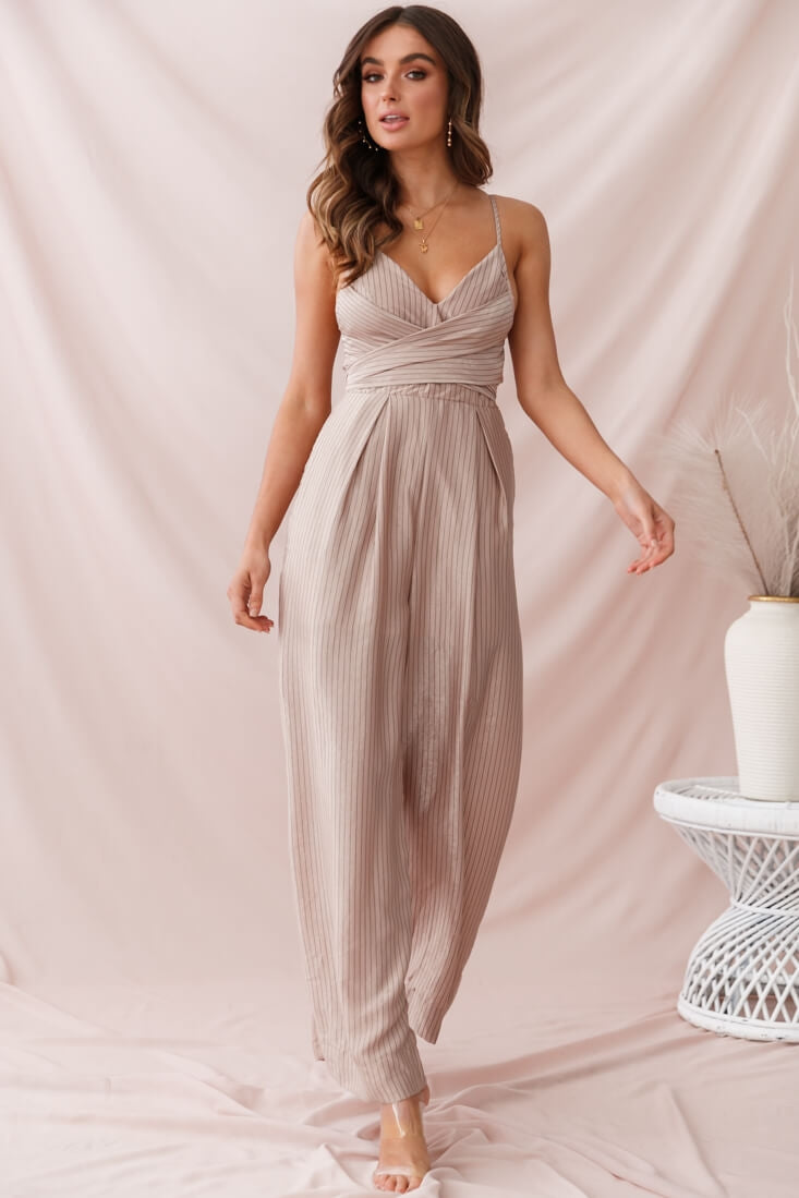 Nancy Wide Leg Pinstripe Jumpsuit Mocha by Selfie Leslie