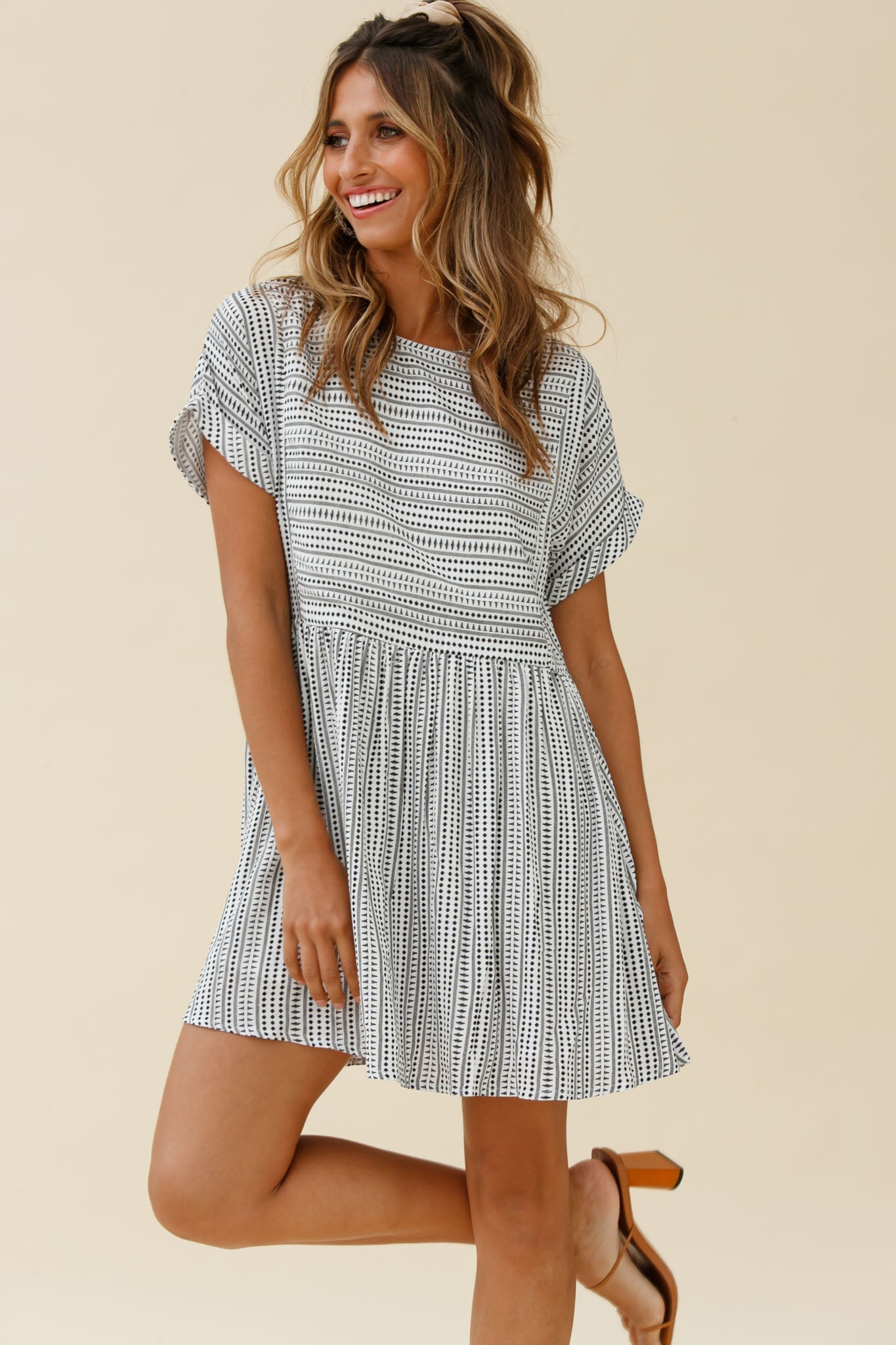 Susie Rolled Sleeve Crew Neck Swing Dress Stripe Pattern Black by Selfie Leslie