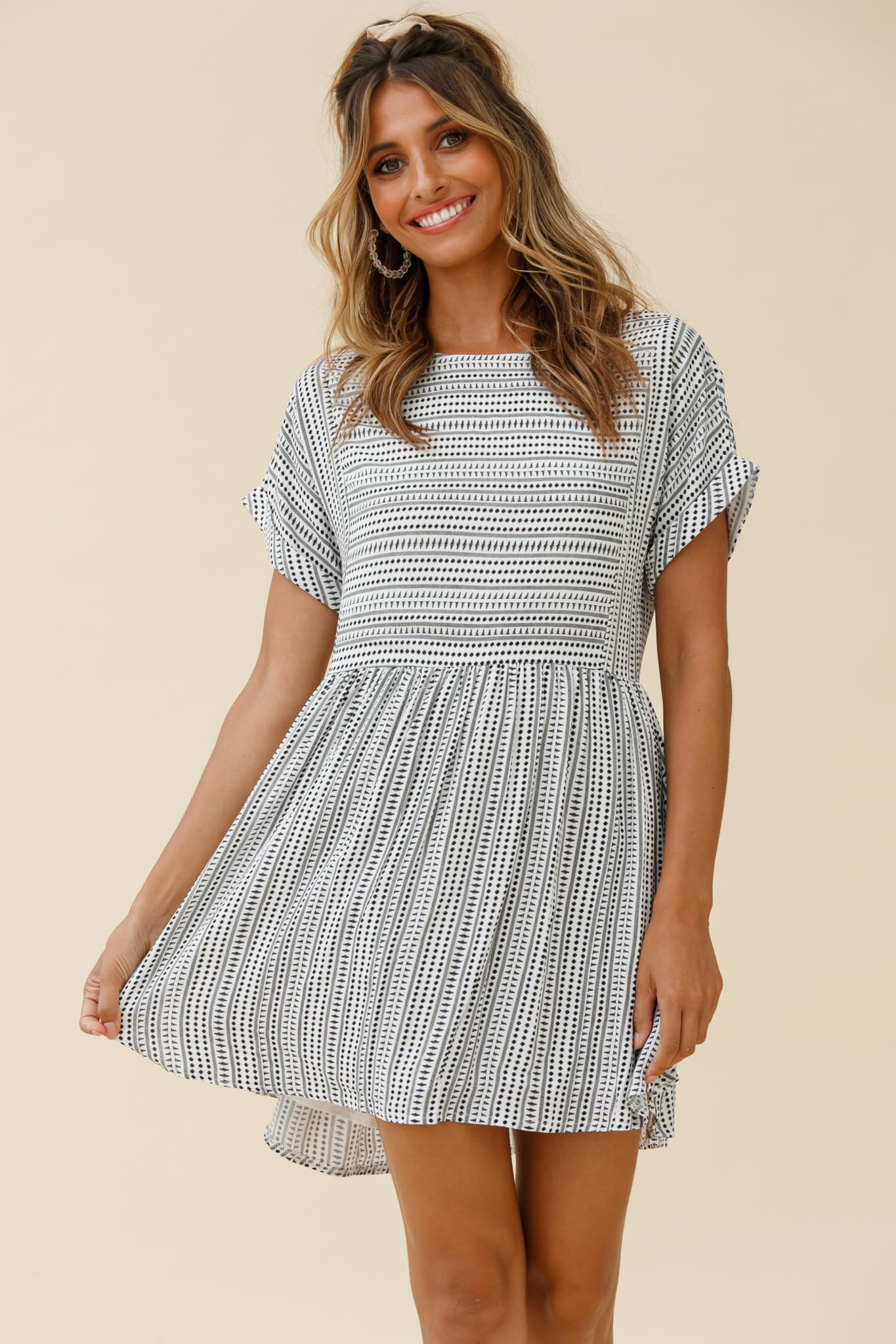 Susie Rolled Sleeve Crew Neck Swing Dress Stripe Pattern Black by Selfie Leslie