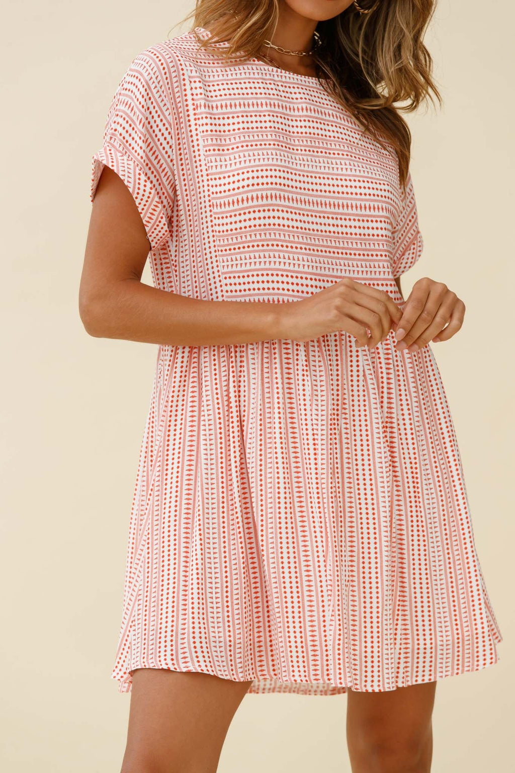 Susie Rolled Sleeve Crew Neck Swing Dress Stripe Pattern Red by Selfie Leslie