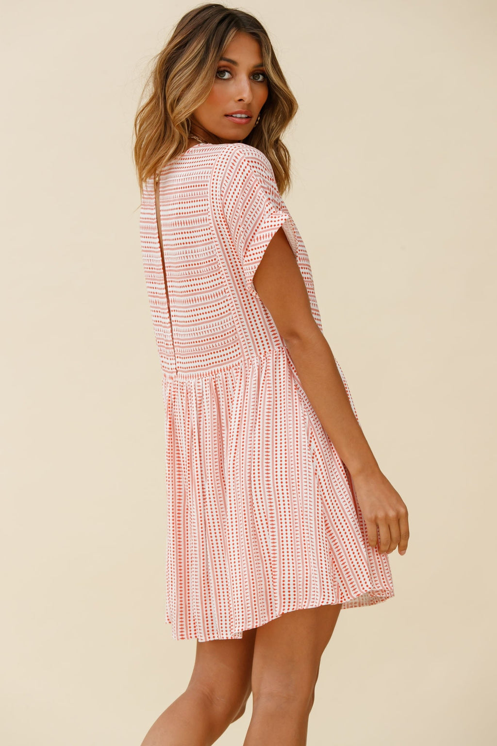 Susie Rolled Sleeve Crew Neck Swing Dress Stripe Pattern Red by Selfie Leslie