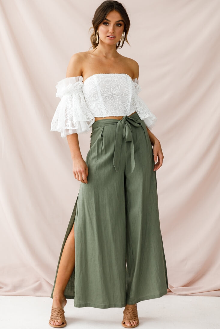 Aruba Wide Leg Side Split Pants Khaki by Selfie Leslie