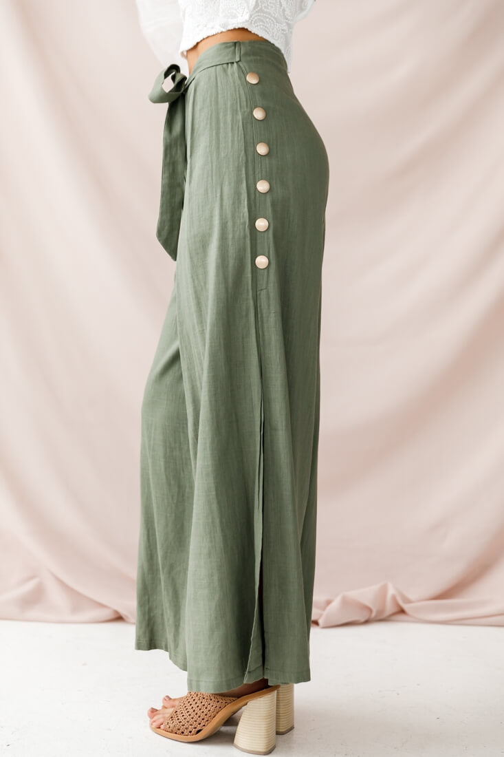 Aruba Wide Leg Side Split Pants Khaki by Selfie Leslie