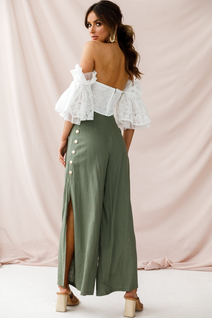 Aruba Wide Leg Side Split Pants Khaki by Selfie Leslie