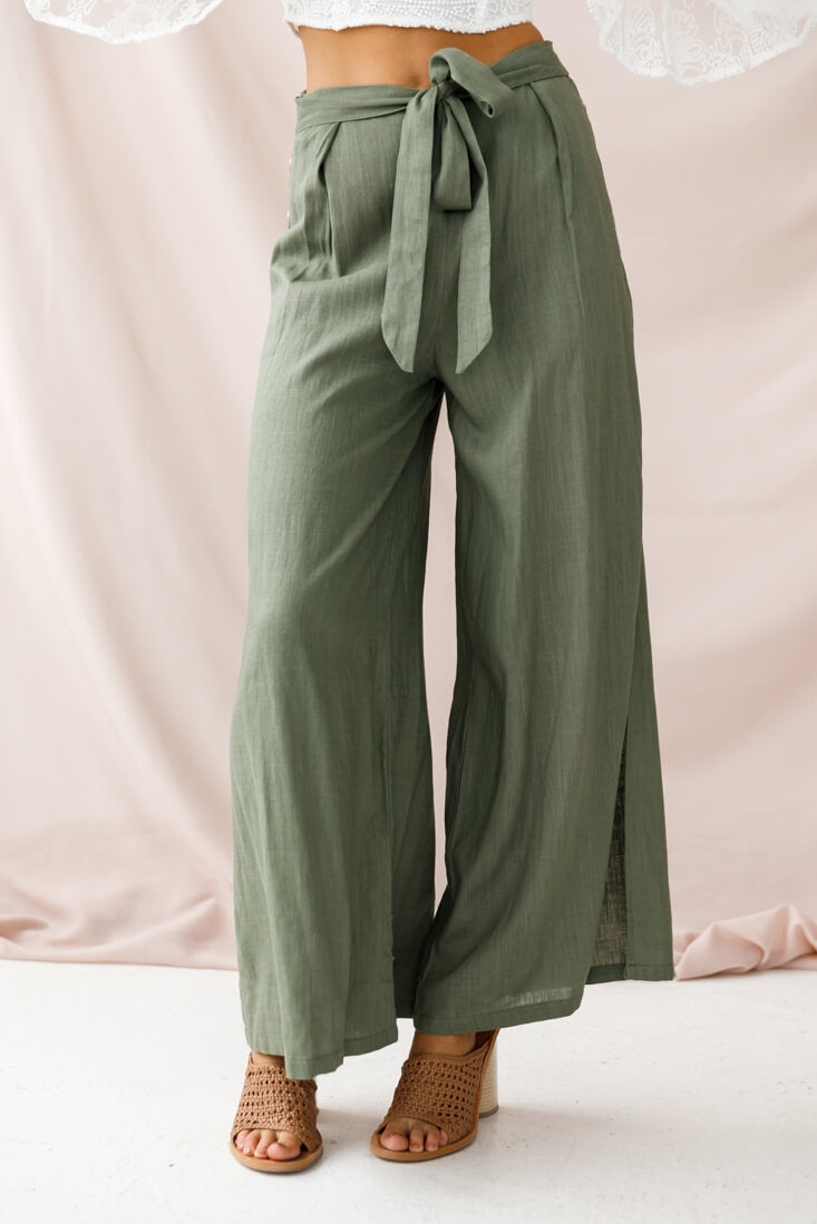 Aruba Wide Leg Side Split Pants Khaki by Selfie Leslie