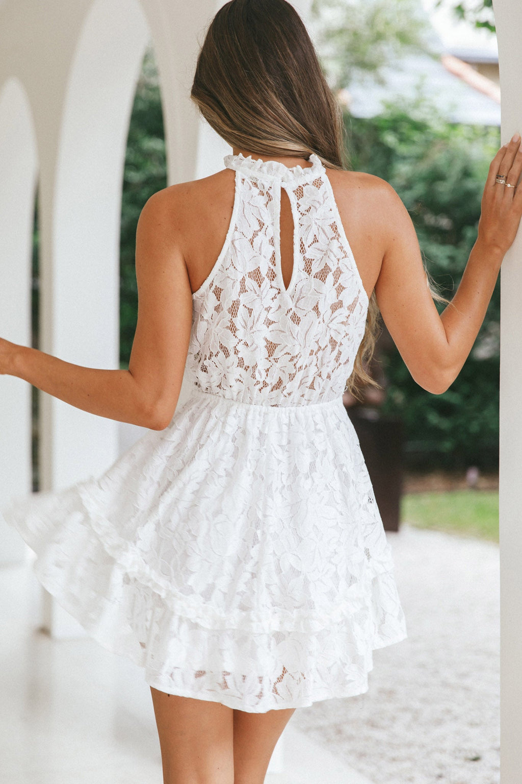 Ever After Halterneck Elasticated Waist Lace Mini Dress White by Selfie Leslie