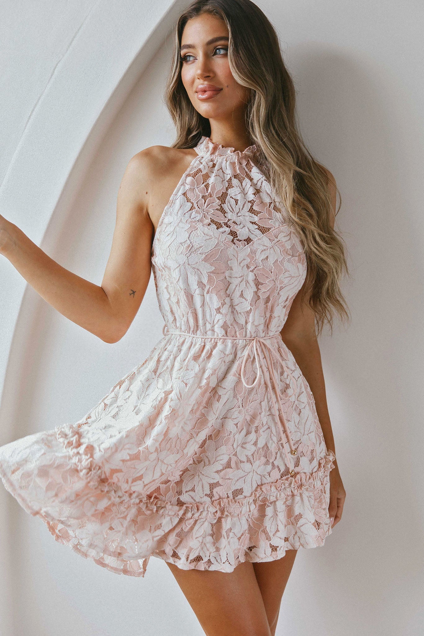 Ever After Halterneck Elasticated Waist Lace Mini Dress Apricot by Selfie Leslie