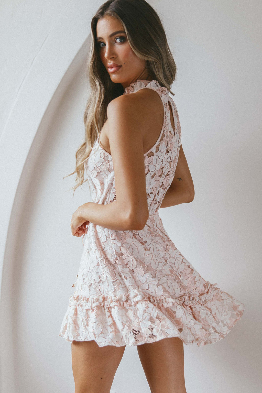 Ever After Halterneck Elasticated Waist Lace Mini Dress Apricot by Selfie Leslie